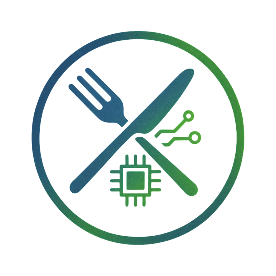 Circular icon showing a fork and knife over a glowing AI chip pattern in Electric Blue and Neon Green, symbolizing restaurant automation and digital efficiency by CalendarLynx.