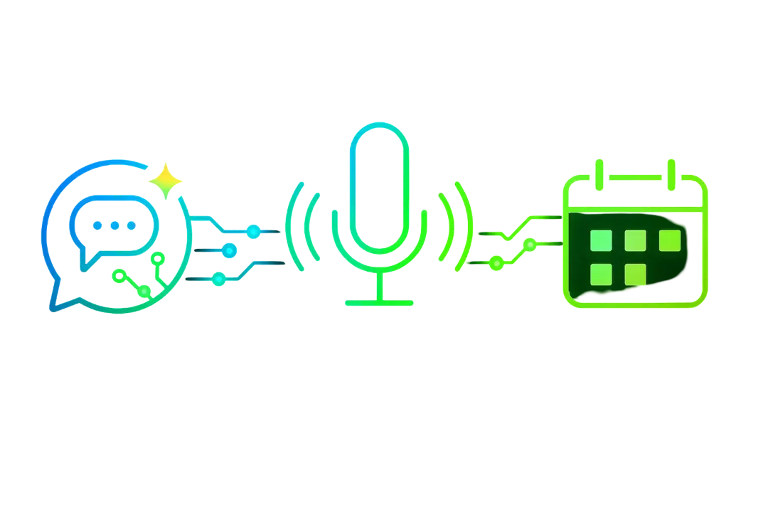 Abstract digital visualization showing interconnected AI data nodes linking glowing chat, voice, and calendar icons in a seamless automation flow. Electric Blue and Neon Green gradient on a Charcoal Black background represents CalendarLynx intelligent business automation and communication systems.