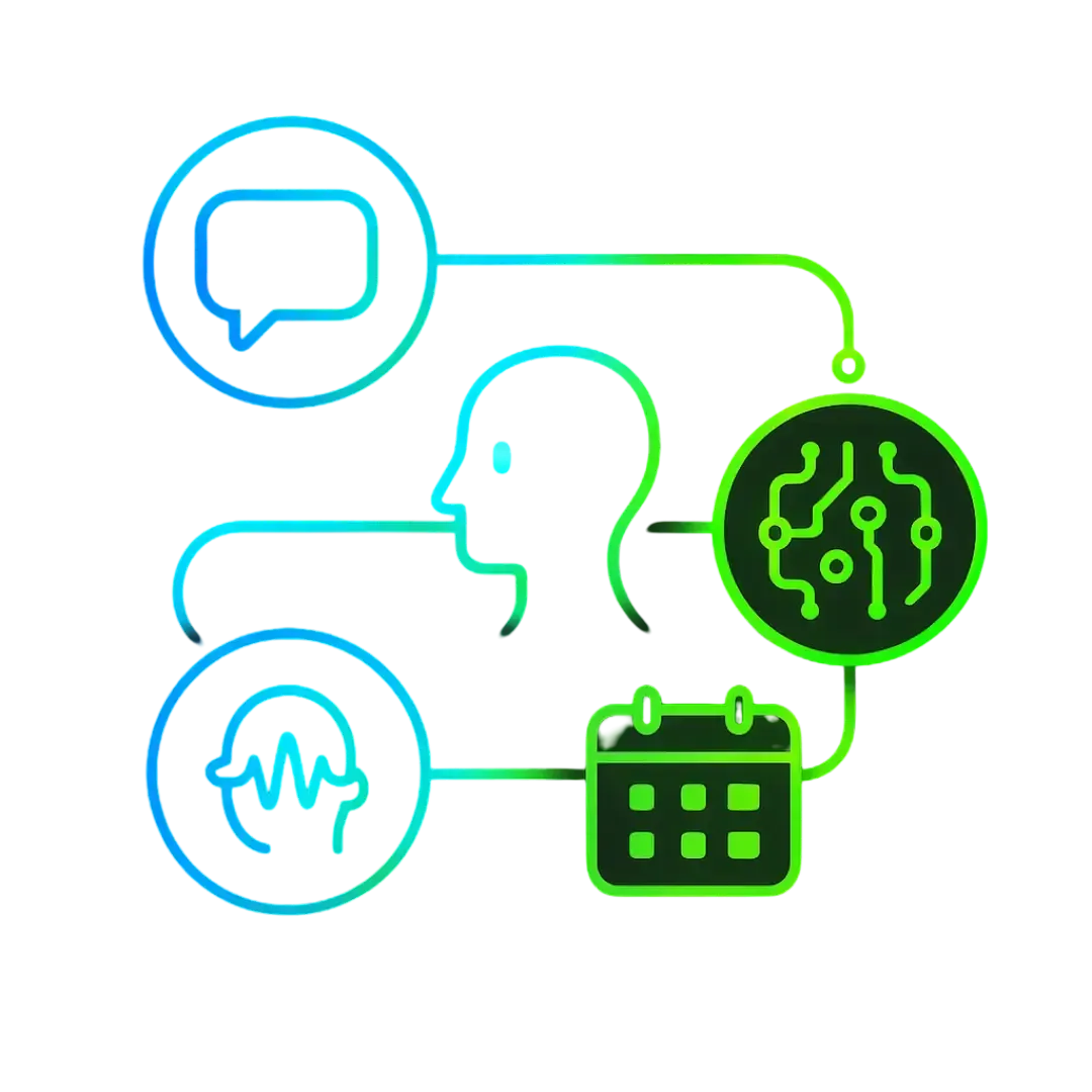Diagram illustrating the CalendarLynx AI automation process from customer inquiry to scheduled appointment, featuring glowing Electric Blue and Neon Green gradient connections that represent intelligent chatbots, voicebots, and automated scheduling systems working together seamlessly.