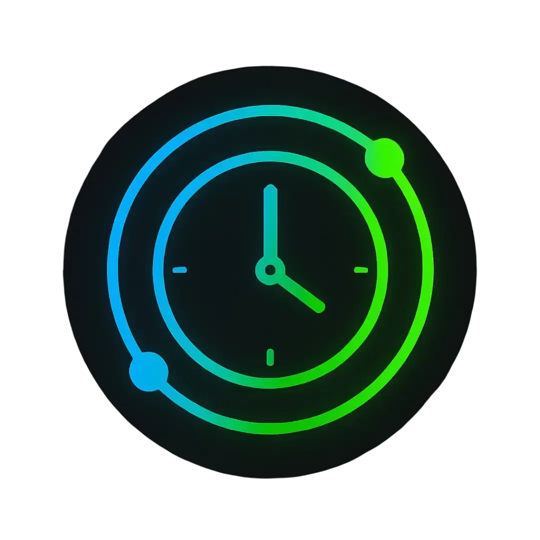 Minimal vector icon of a glowing clock surrounded by an orbit of data nodes in Electric Blue and Neon Green on a Charcoal Black background representing CalendarLynx AI systems providing continuous 24 7 365 availability.
