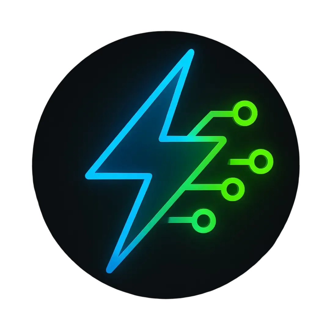 Vector icon of a glowing lightning bolt with circuit lines in Electric Blue and Neon Green on a Charcoal Black background symbolizing CalendarLynx AI automation speed and under two second response time.
