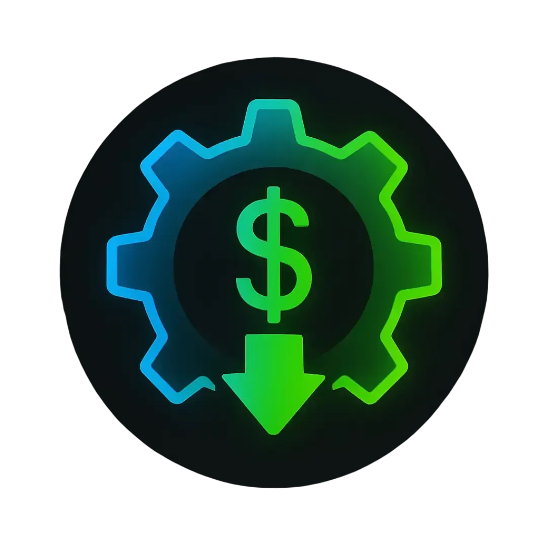Flat vector icon of a gear with a dollar symbol and downward arrow in Electric Blue and Neon Green on a Charcoal Black background representing CalendarLynx AI automation reducing business costs by up to eighty percent.