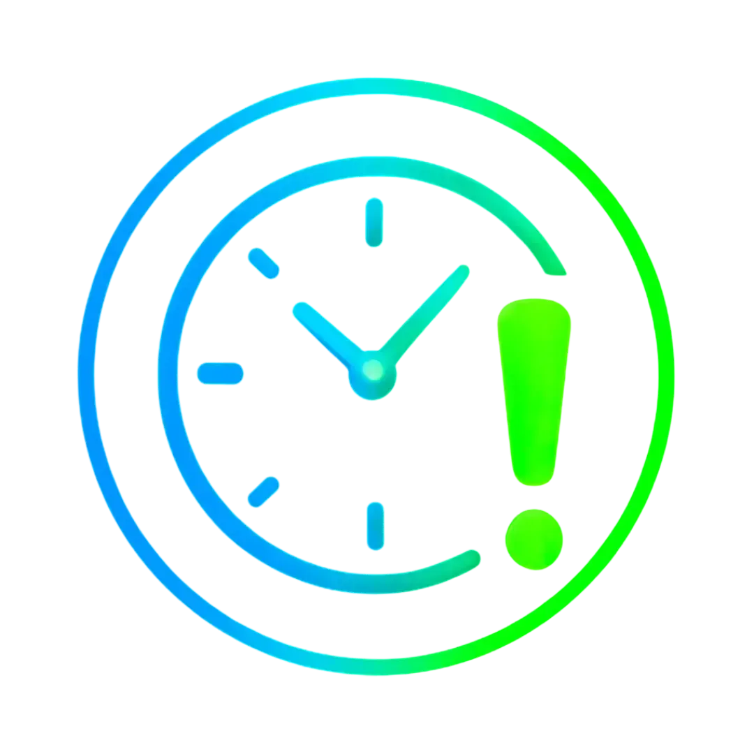 Clock icon with a glowing exclamation mark in Electric Blue and Neon Green representing missed call alerts and AI time optimization by CalendarLynx.