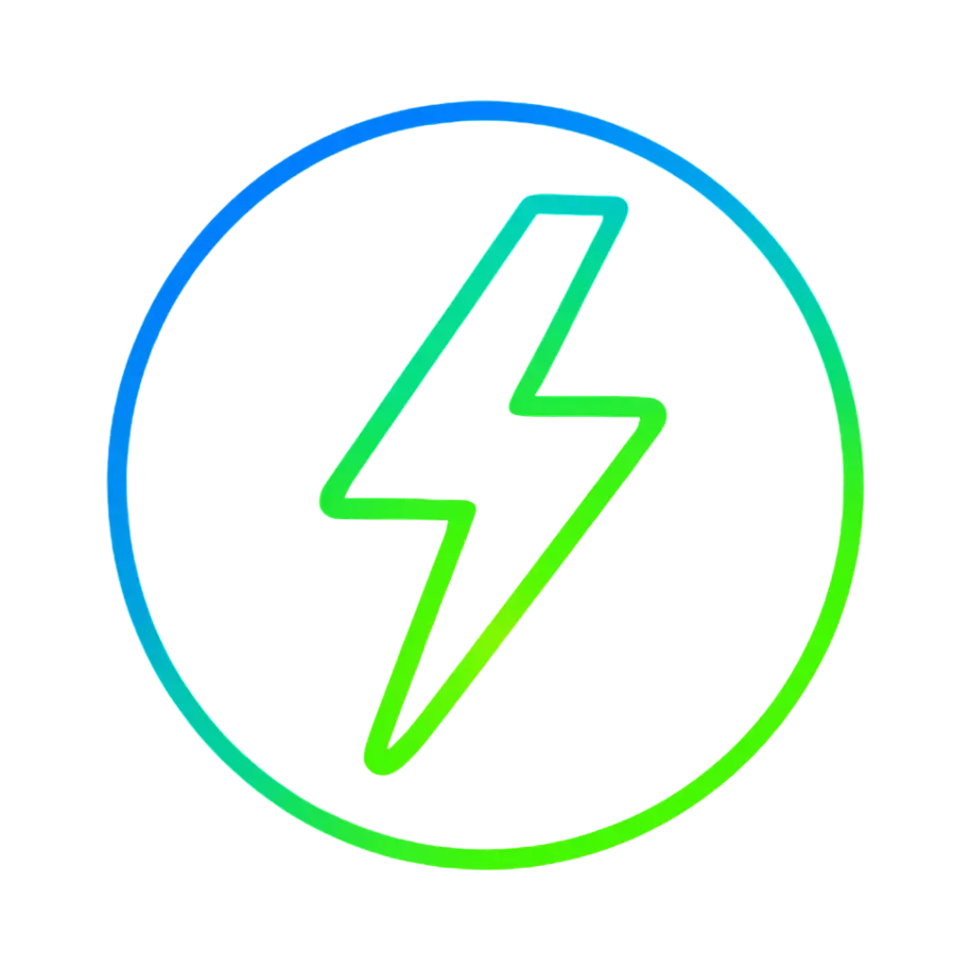 Glowing lightning bolt icon in green and blue gradient on black background symbolizing AI speed and automation power