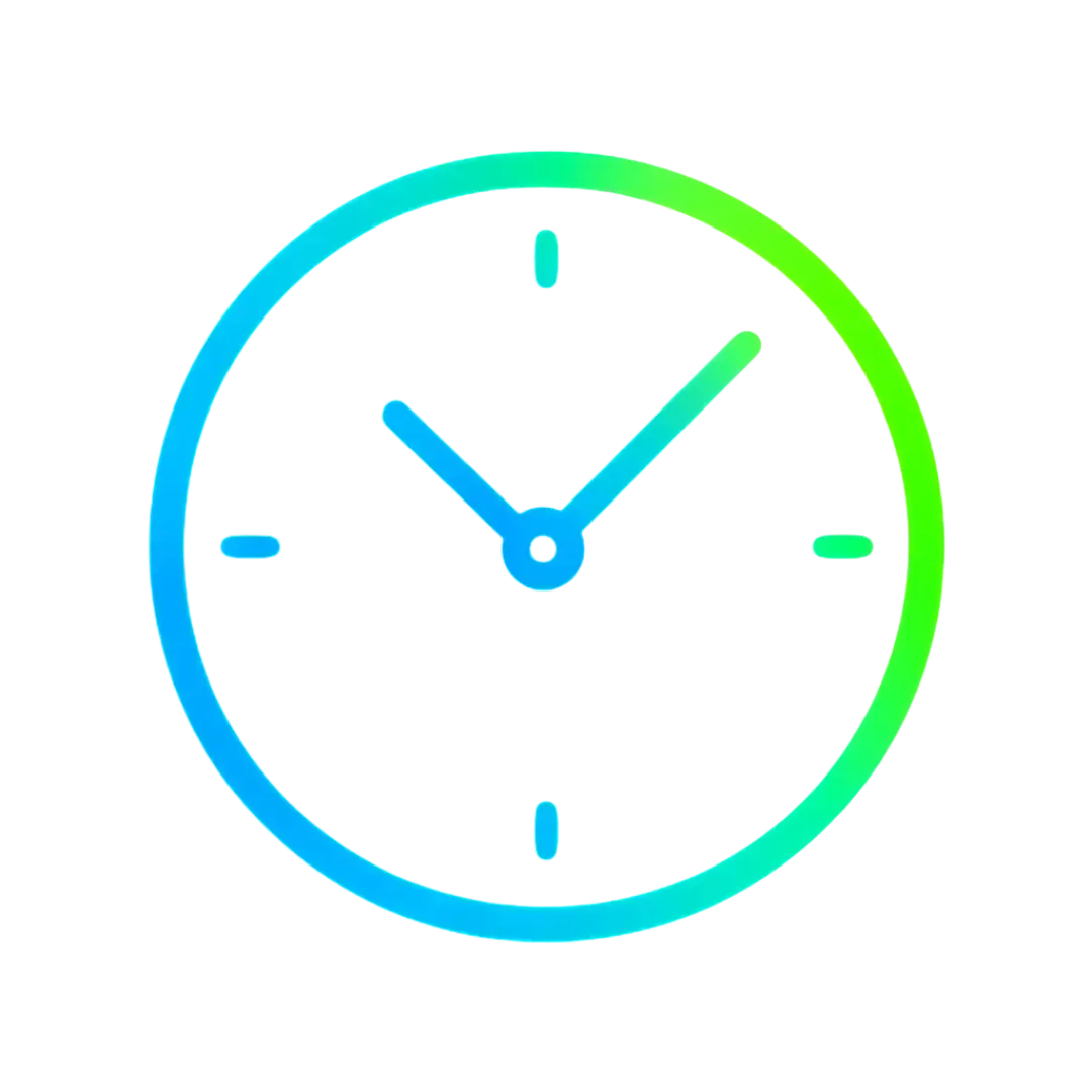 Futuristic clock icon in blue and green gradient on black background symbolizing continuous AI support and instant response
