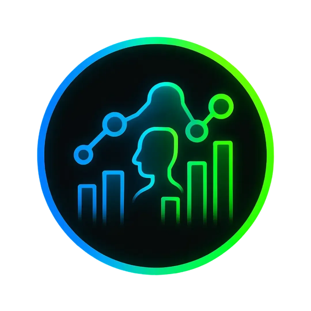 Glowing data chart icon in blue to green gradient on black background symbolizing AI analytics performance and optimization