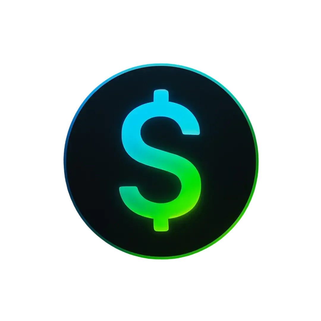 Circular icon of a glowing dollar sign in blue to green gradient on black background representing AI powered business savings