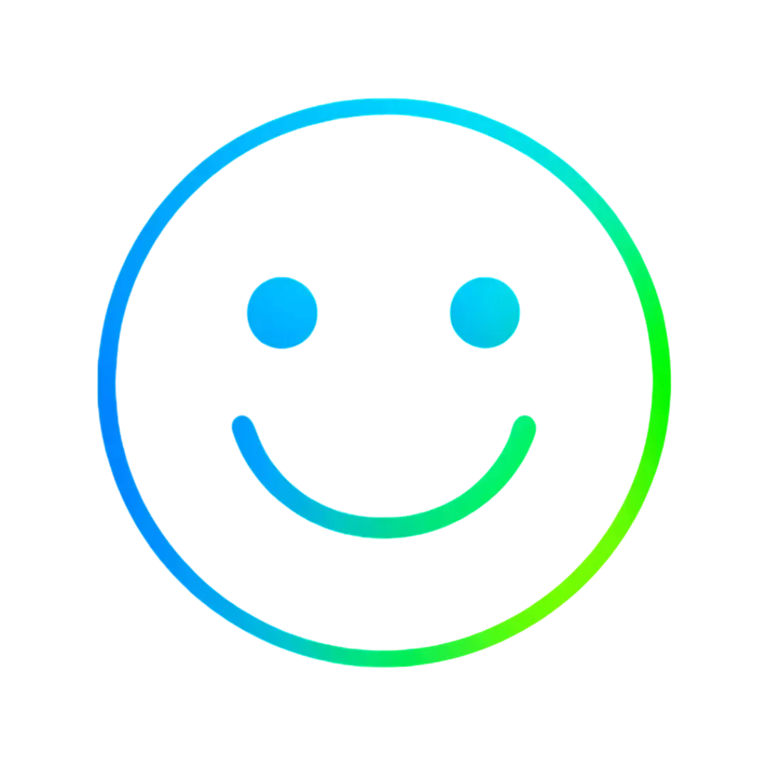 Glowing smiley face icon in blue and green gradient on black background representing positive AI customer experiences