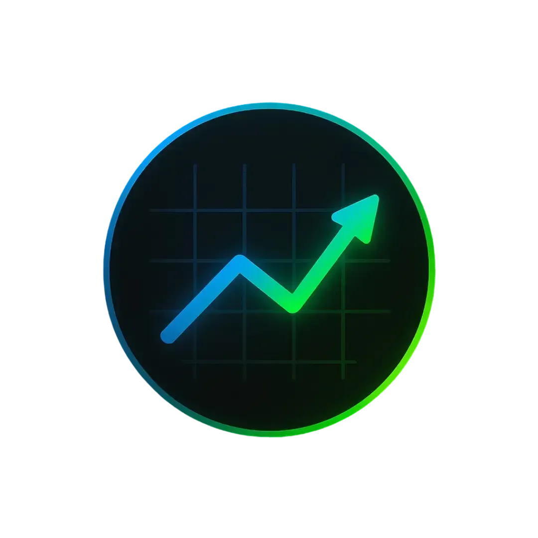 Glowing upward trending line graph in blue and green gradient on black background representing AI driven growth and optimization