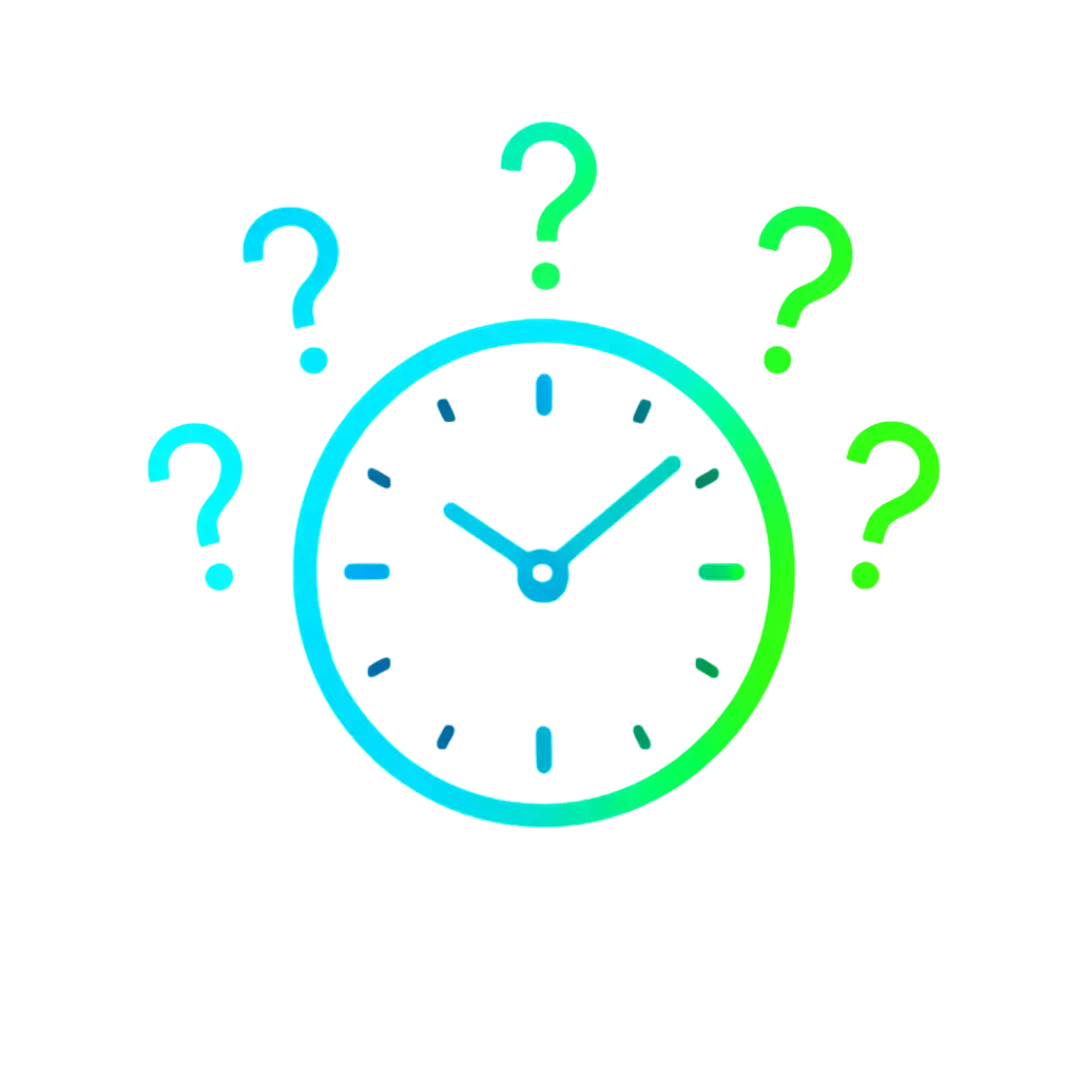 Glowing blue and green clock icon with question marks on black background symbolizing CalendarLynx AI insights on delayed response and customer uncertainty