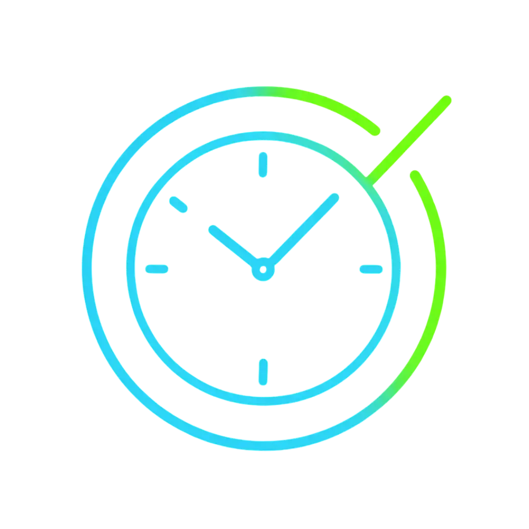 Glowing clock with blue and green gradient checkmark on black background representing CalendarLynx AI precision timing and automation reliability