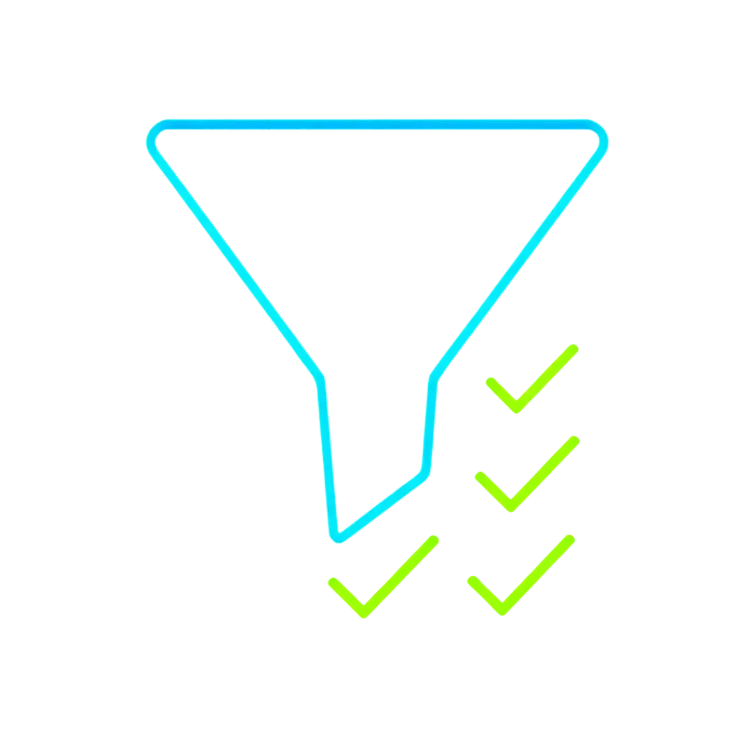 Glowing blue and green funnel with checkmarks on black background representing CalendarLynx AI automation of verified leads and conversions