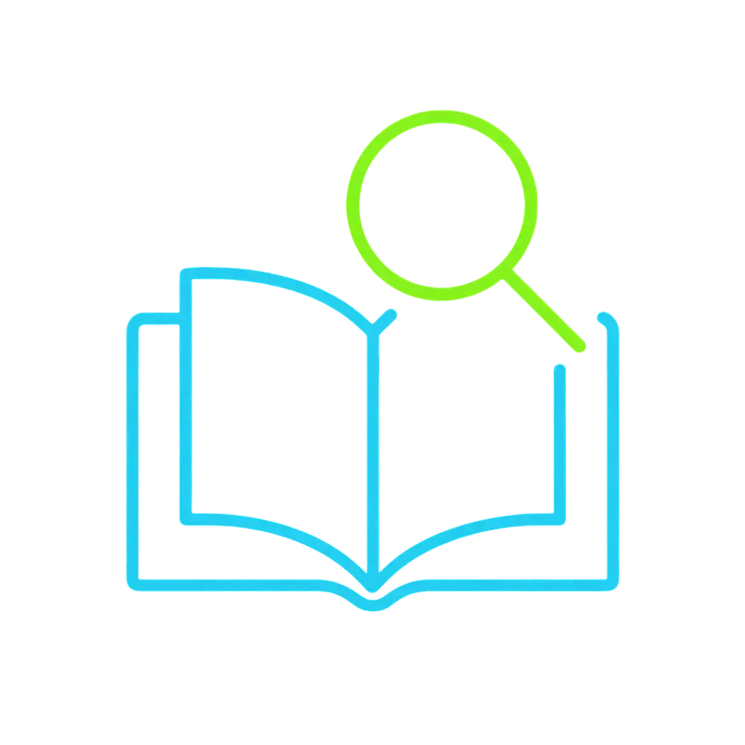 Glowing open book with magnifying glass in blue and green gradient on black background representing CalendarLynx AI knowledge automation and intelligent data analysis