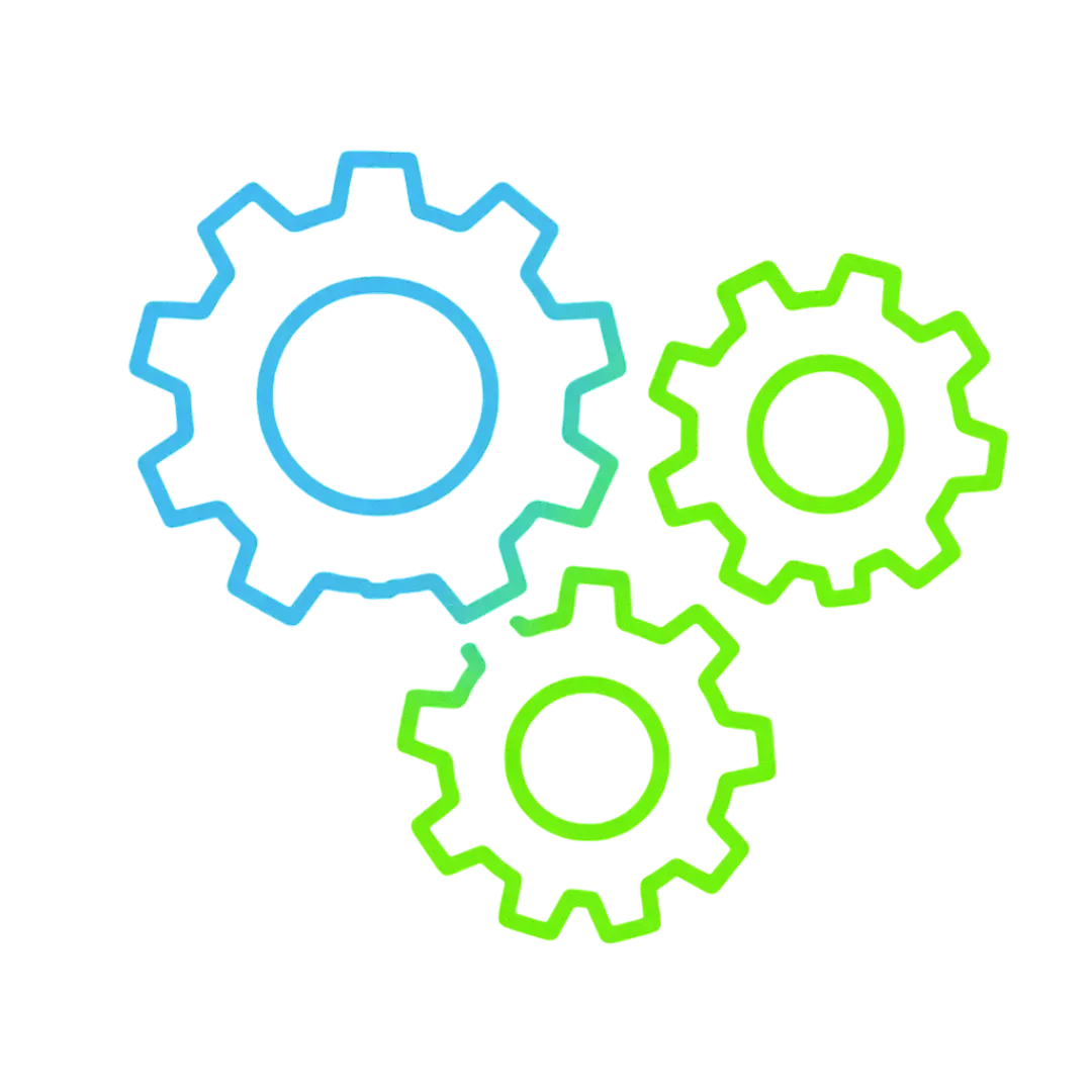 Glowing blue and green connected gears on black background representing CalendarLynx AI synchronized workflow and intelligent automation systems