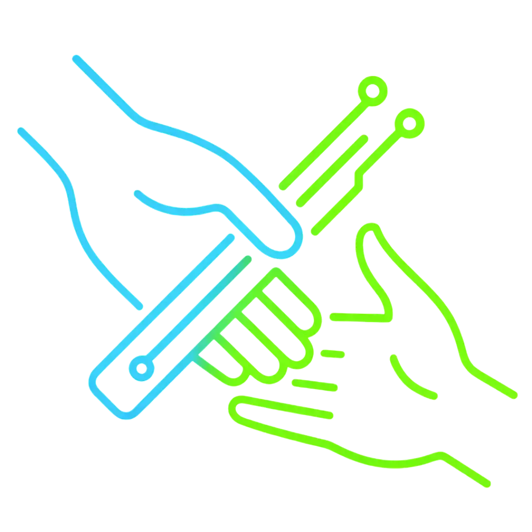 Two glowing hands passing digital baton in blue and green gradient on black background representing CalendarLynx AI human collaboration and automation transfer