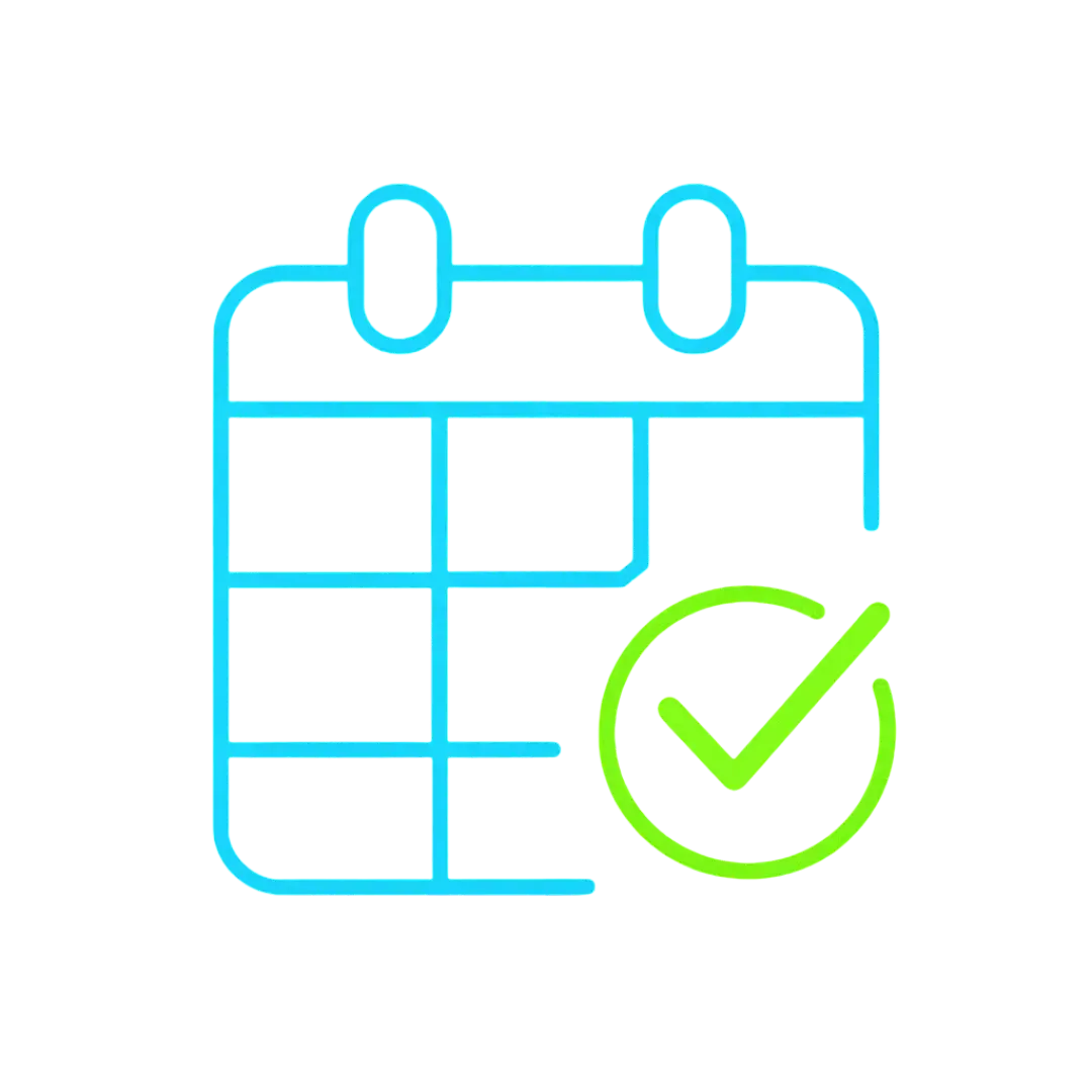 Glowing calendar icon with blue and green gradient checkmark on black background representing CalendarLynx AI appointment scheduling and automation system