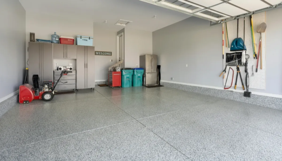 decorative concrete floor coating installed in Missoula MT garage with seamless durable epoxy finish