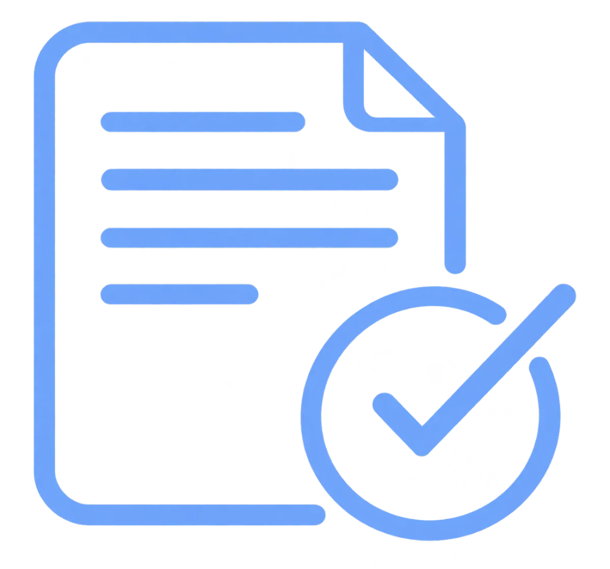 Faint outline graphic of a document with a checkmark on a badge