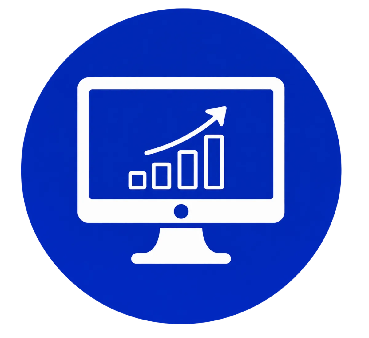 Dark blue circular icon depicting a computer monitor with an upward trending line graph