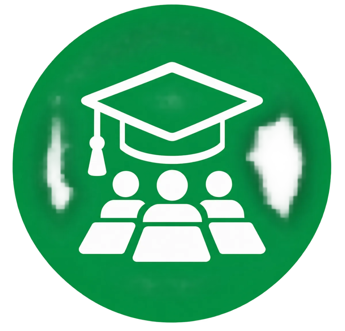 Green circular icon showing a graduation cap surrounded by a laurel wreath