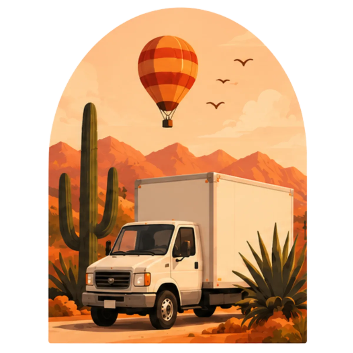 Arched vector illustration of a white delivery van parked in front of mountains with a hot air balloon in the sky.