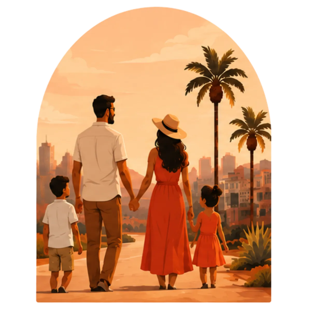 Arched vector illustration of a family walking towards a park area with palm trees and a city skyline.