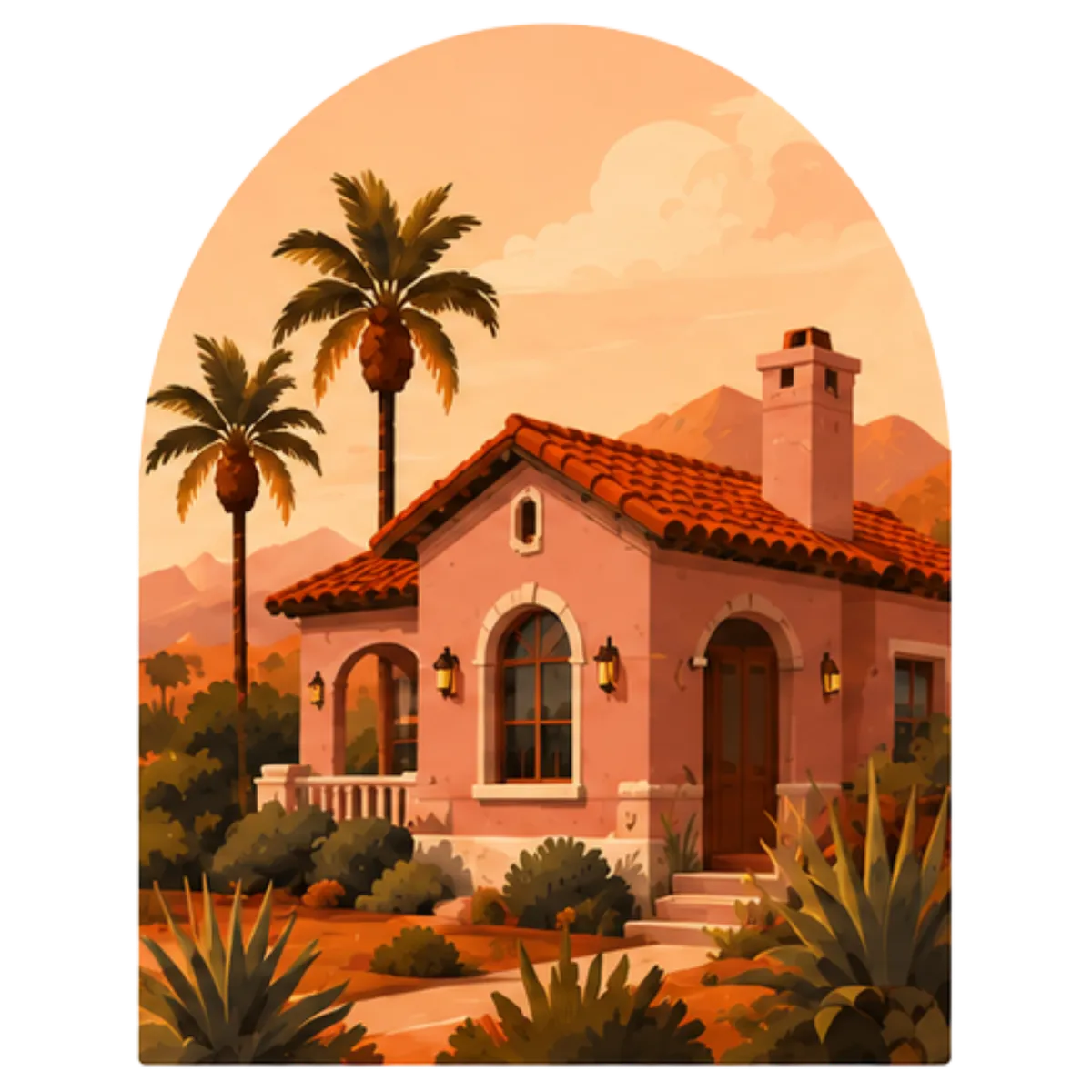 Arched vector illustration of a classic southwestern stucco home with a red tile roof and mature landscaping.