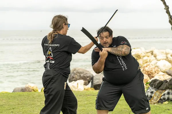 Adrien Rodriguez demonstrating sword techniques