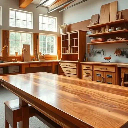 Custom handcrafted wood furniture including a dining table, cabinetry, and shelves in a bright Hyattsville workshop