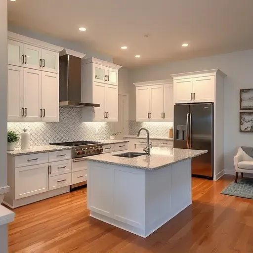 Modern kitchen remodel in Crofton MD with white cabinetry, granite island, stainless steel appliances, and elegant decor.