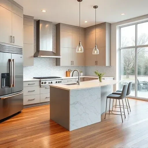Modern Severn MD kitchen remodel with matte finish cabinets, stainless steel appliances, quartz countertops, geometric backsplash, hardwood floors, large windows, and stylish central island