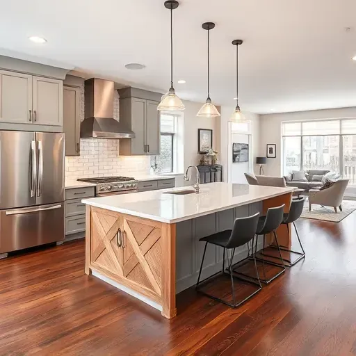Stunning Baltimore kitchen renovation features gray cabinetry, marble island, stainless steel appliances, and natural light.