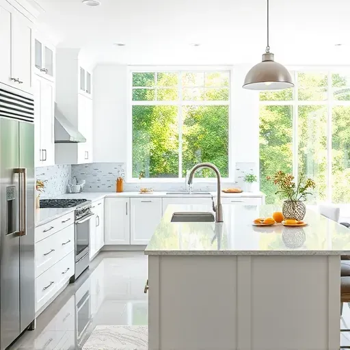 Freshly renovated Forestville kitchen with modern cabinetry, stainless steel appliances, and spacious polished granite island.