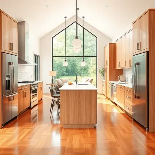 Renovated Severn MD kitchen with wood cabinets quartz countertops stainless steel appliances large island hardwood floors and modern design