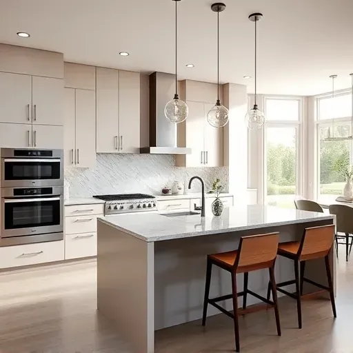 Renovated Mclean VA kitchen with modern matte cabinets, granite countertops, stainless appliances, central island, and natural light