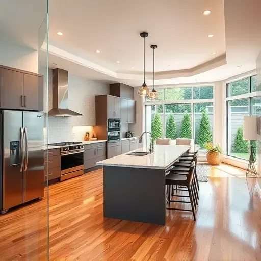 Elegant open-concept living space in remodeled Takoma Park home with modern design, high ceilings, and natural light.
