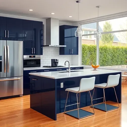 Modern kitchen remodel in Capitol Heights MD with navy cabinetry, quartz countertops, and natural hardwood floors.