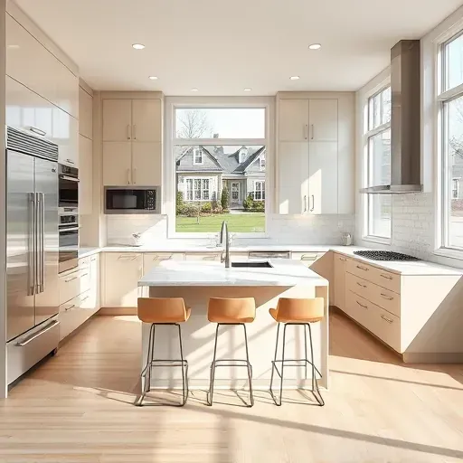 Recently remodeled Crofton Maryland kitchen with sleek cabinetry, quartz countertops, large windows, and modern stainless appliances