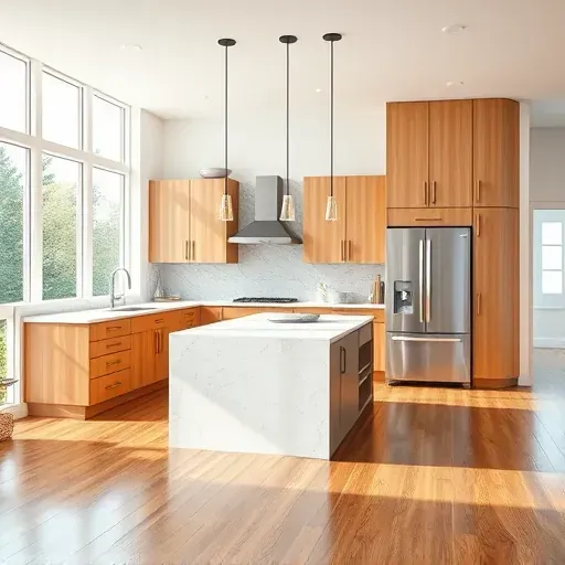 Remodeled Clinton MD kitchen with quartz countertops stainless steel appliances custom wood cabinets hardwood flooring and natural light