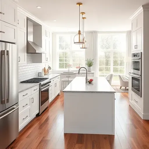 Modern Rockville kitchen with white cabinetry, quartz countertops, and stainless steel appliances in bright, inviting space.