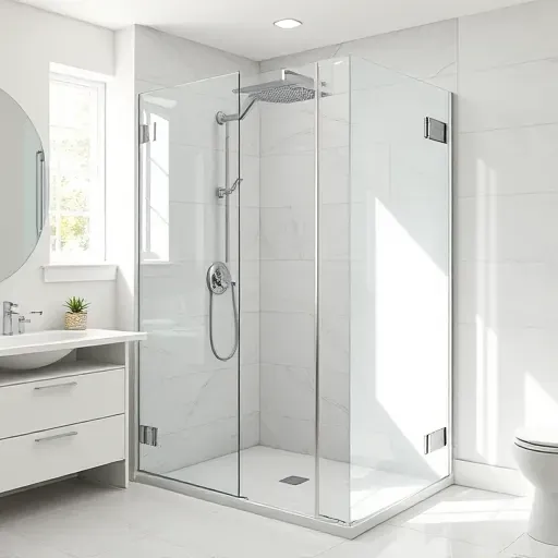 Finished walk-in shower in modern Hyattsville bathroom with glass panels chrome fixtures and stylish tile detail