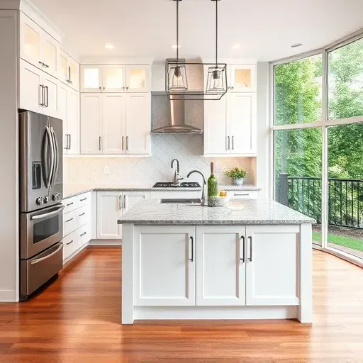 Remodeled kitchen in New Carrollton MD with white custom cabinets, granite island, stainless appliances, hardwood floors and natural light