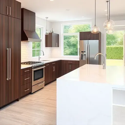 Modern remodeled Glen Burnie kitchen with white quartz counters, dark wood cabinets, stainless appliances, and lush backyard view