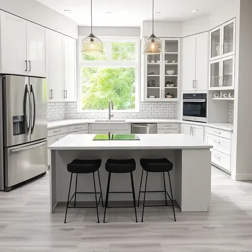 Modern renovated College Park kitchen with sleek cabinetry quartz island stainless appliances subway tile backsplash large windows