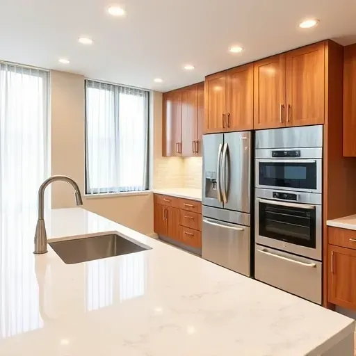 Modern renovated Hyattsville MD kitchen with warm wood cabinets quartz countertops recessed LED lighting stainless steel appliances neutral subway tile windows