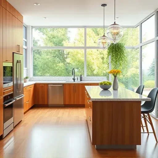 Remodeled Beltsville kitchen with granite countertops stainless steel appliances wooden cabinetry marble island and large windows