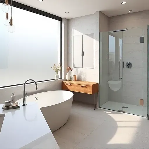 Modern Hyattsville bathroom with sleek fixtures freestanding tub walk-in shower marble countertops textured ceramic flooring
