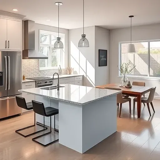 Modern kitchen remodel in Rockville MD featuring sleek cabinetry, granite countertops, stainless steel appliances, and stylish decor.