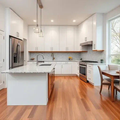 Renovated Lanham MD modern kitchen with white matte cabinets wood accents large granite island stainless steel appliances and natural light