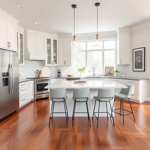 Modern kitchen remodel in Upper Marlboro MD with sleek appliances, quartz countertops, stylish cabinetry, and natural light.